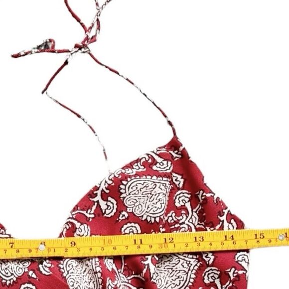 J. Crew Sleeveless Tie Shoulder Red Patterned Zip Back V-Neck Silk Dress. 6. - Picture 7 of 11